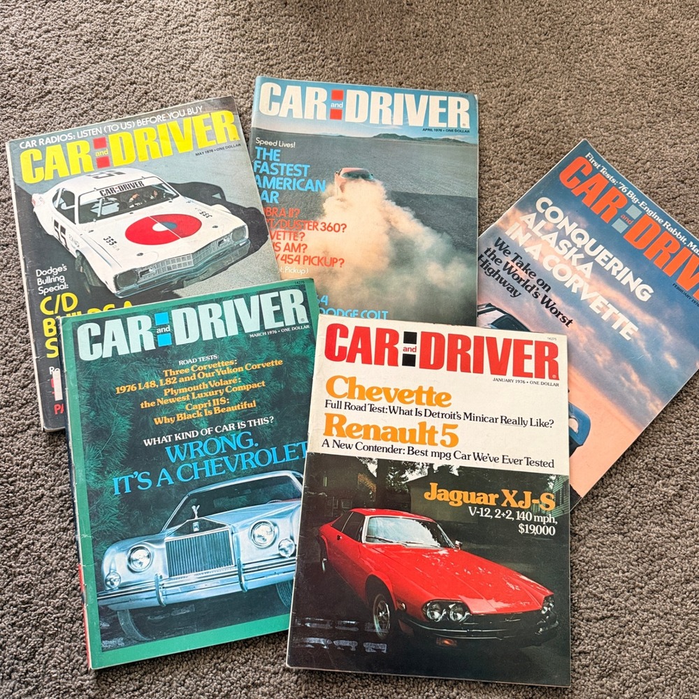 Vintage Car and Driver Magazine Lot 1976 Jan Feb Mar Apr May Jaguar Corvette